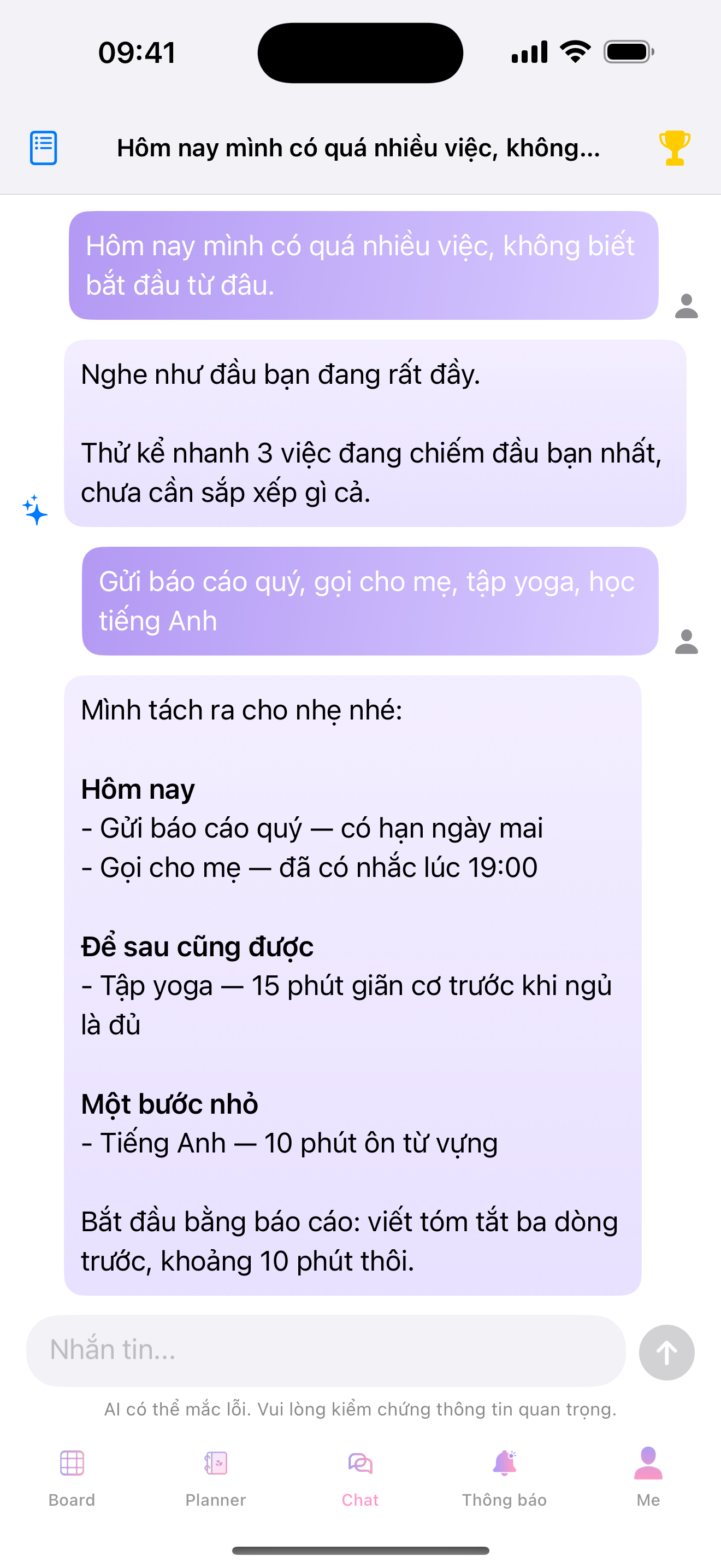 Màn trò chuyện của MePlann với gợi ý mở đầu