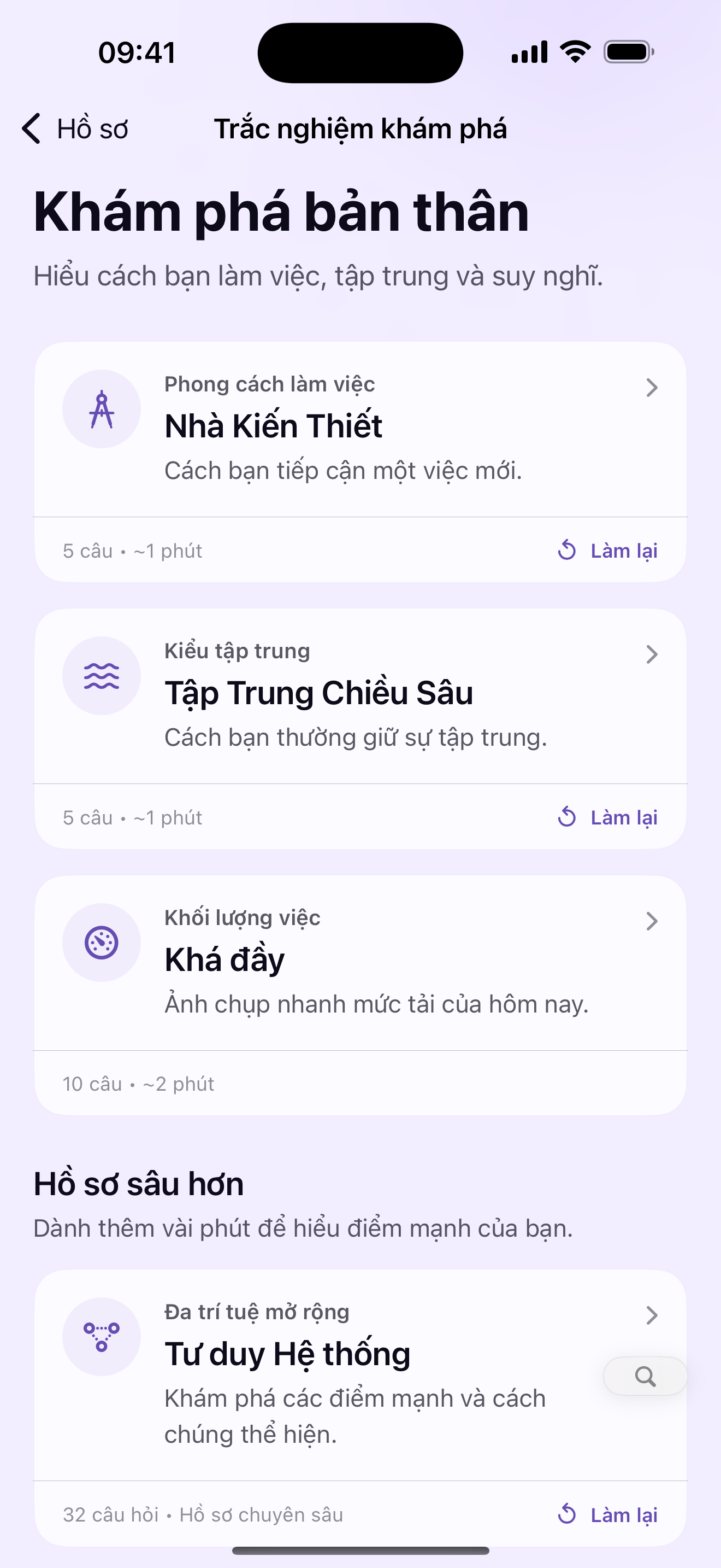 Hồ sơ MePlann với phong cách làm việc, kiểu tập trung và kết quả mức tải