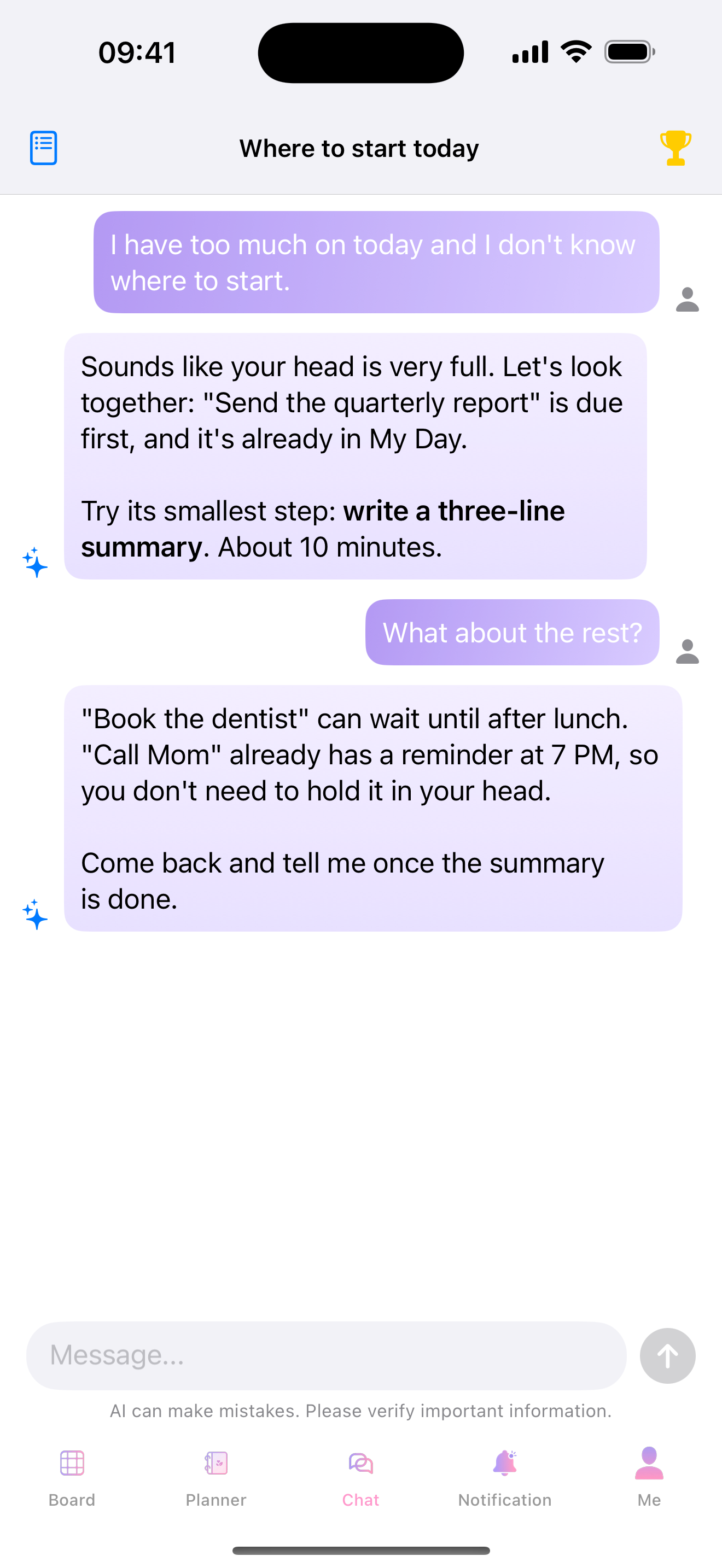 MePlann chat with suggested conversation starters