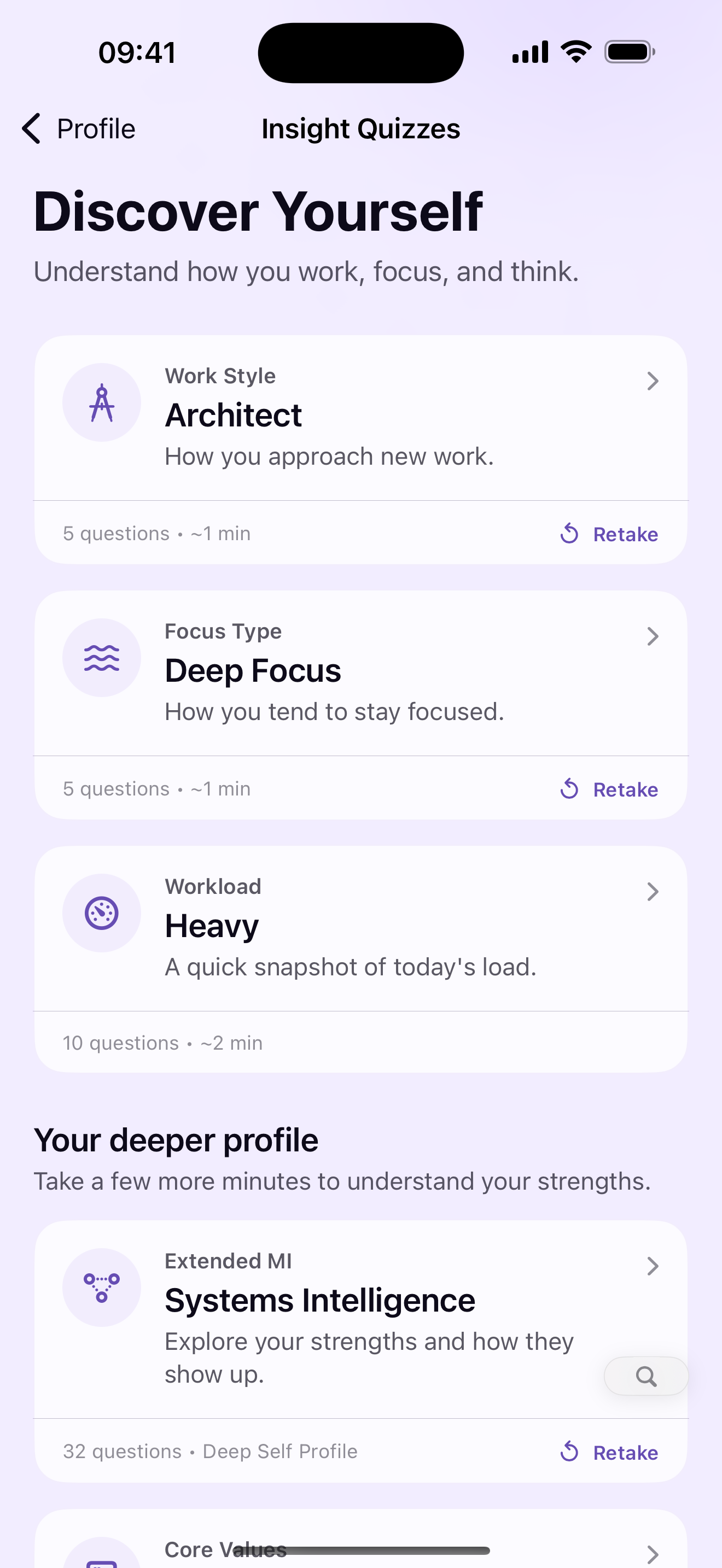 MePlann profile with work style, focus type and workload result
